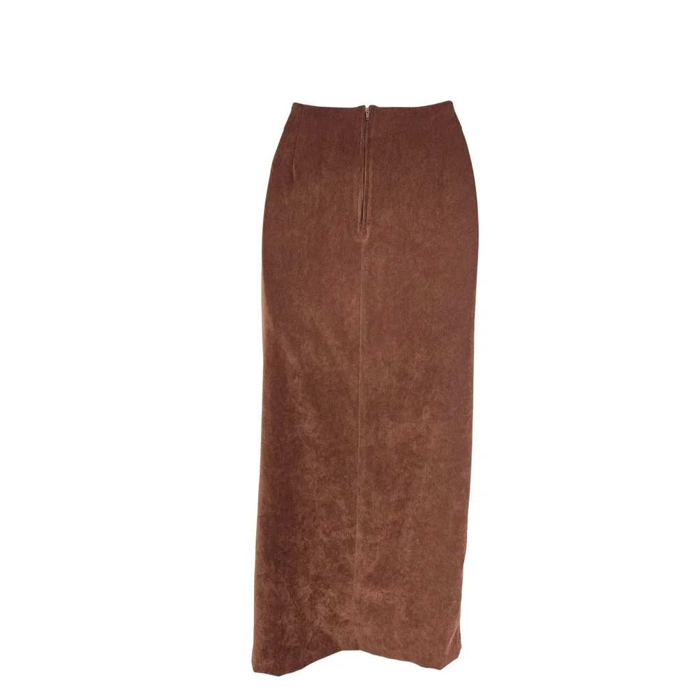 Vintage Y2K Brown Column Maxi Skirt 6 Side Slit Minimalist Fallcore Office Siren